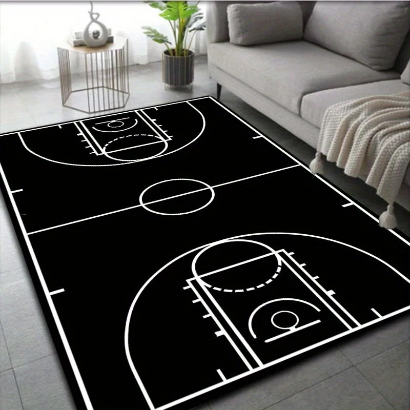 VIKAMA Basketball Court Area Rug, Black White Court Print Non-Slip Washable Mat, Sports Fan Home Decor Rug