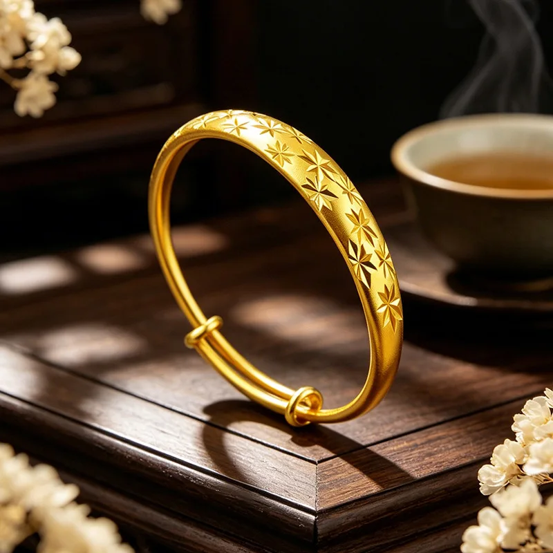 Luxury 100% Real 24K Solid Gold AU9999 Ancient Starry Push-Pull Bracelet, Retro Chinese Style, Gift For Mom