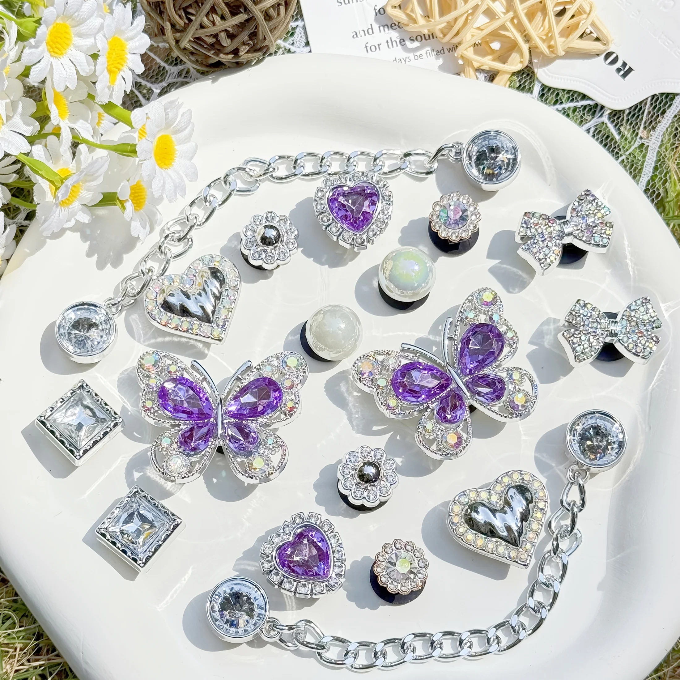 18pcs Silver Purple Chain Bowknot Beads Flower for DIY Open-Hole Sandals Garden Shoes Beach Slippers - Assorted Colors