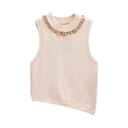 TRAF Fashion Women's Thin Knitted O Neck Pullover Women Summer Chain Decoration Vintage Sleeveless Sweater Slim Tops 5802/101