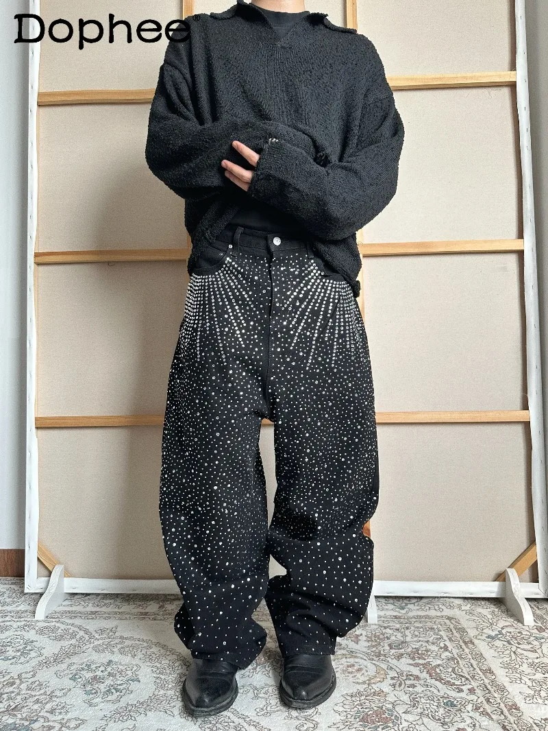 

American Retro Heavy-duty Rhinestone Fashion Trend Wide-leg Jeans Unisex Street Loose Casual Personality High-end Long Pants