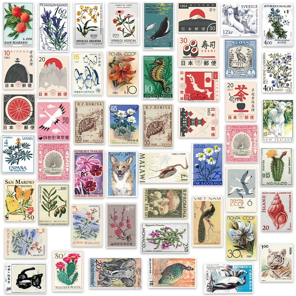 50PCS Vintage Stamps Stickers  Retro Style DIY Graffiti Decals For Laptop Luggage Water Cup Fridge Notebook Waterproof Stickers