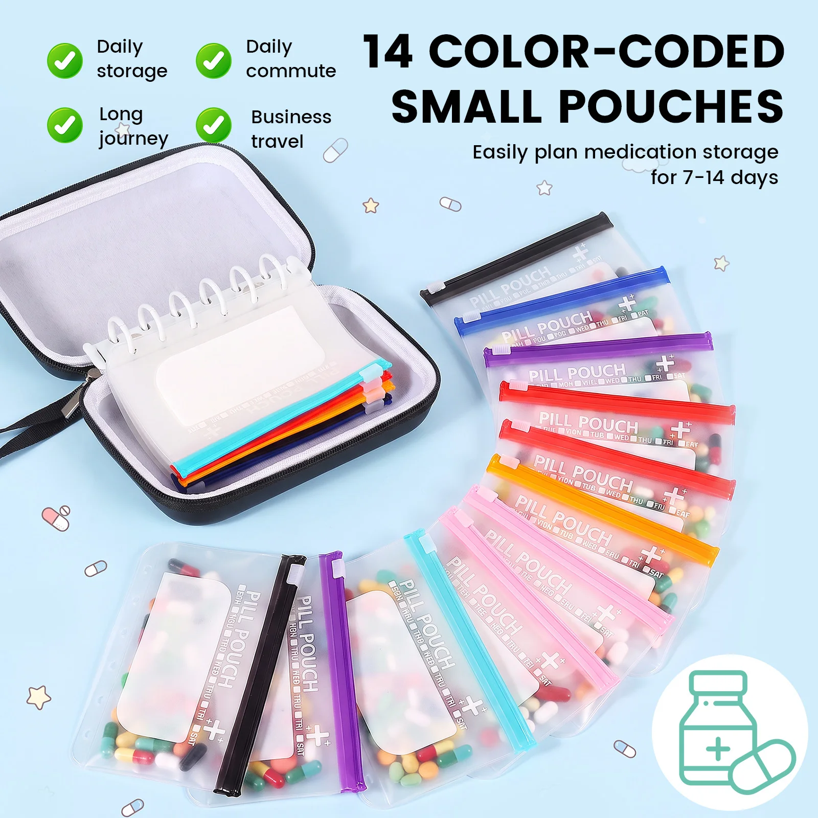 A8 Waterproof Pill Organizer Set Portable Travel Medicine Organizer Bag with 14 Color-Coded Pouches Daily Dose Pill Sorting Bag