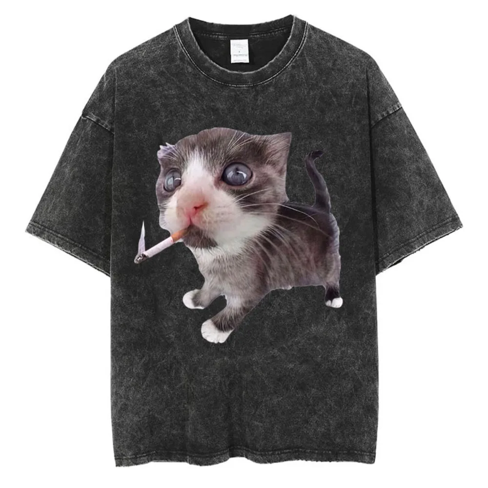 Washed Confused Cat Meme Graphic T Shirts I Do Not Think Therefore I Do Not Am T-shirts Cotton Oversized High Quality T Shirt