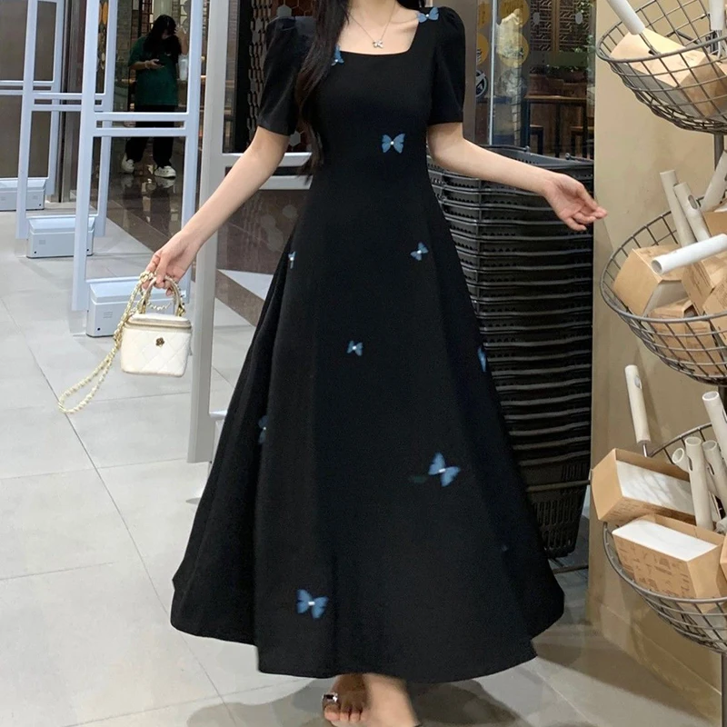 Plus size dress new high-grade three-dimensional butterfly slim square collar temperament bubble sleeve Joker little black dress