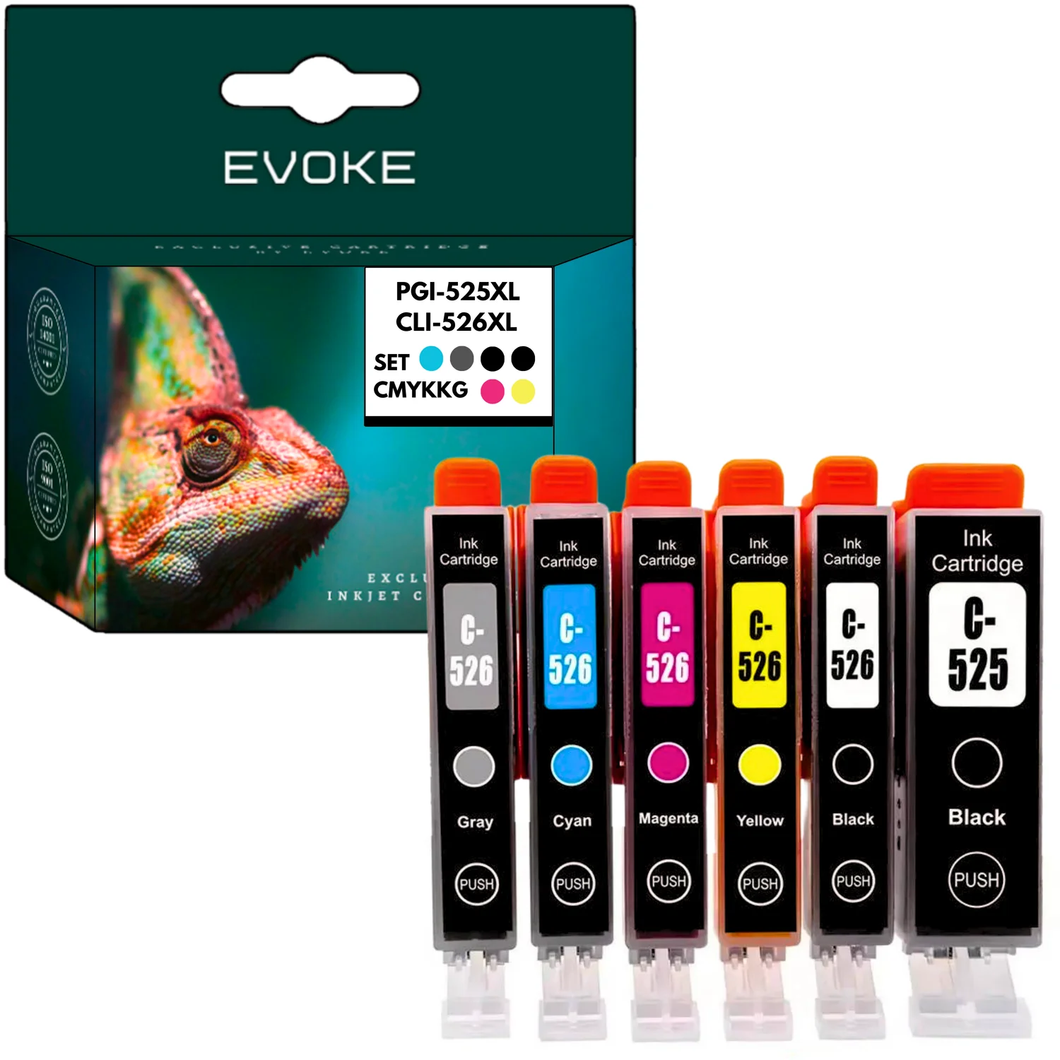 Evoke Compatibele Inkt voor Canon Pgi-525 Cli-526 Pgi525 Cli526 XL 6X: Pgbk Zwart Pigment+Bk Foto Zwart+Cyan+Magenta+Geel+Grijs 73 ml Pixma Ip4820 Ip4840 Ip4850 Ip4860 Ip4870 Ip4950 Ix6550 ; Mg5120
