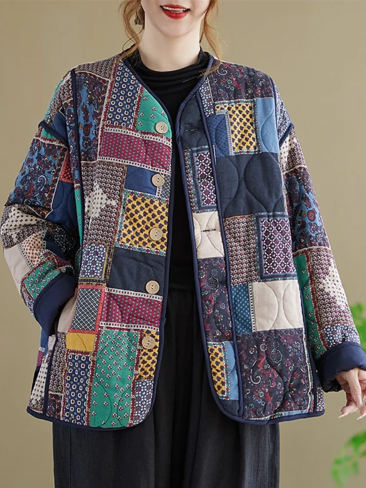 

Женское зимнее теплое повседневное утягивающее пальто из хлопка Thiened, хлопковая одежда без воротника в национальном стиле в стиле ретро с цветочным узором