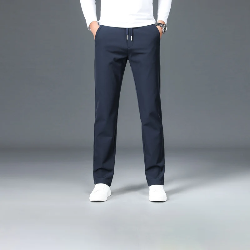 Brand Black Pants Men Fashion Mid Straight Casual Solid Color Pant Comfortable Anti-wrinkle Elastic Waist Men Trousers