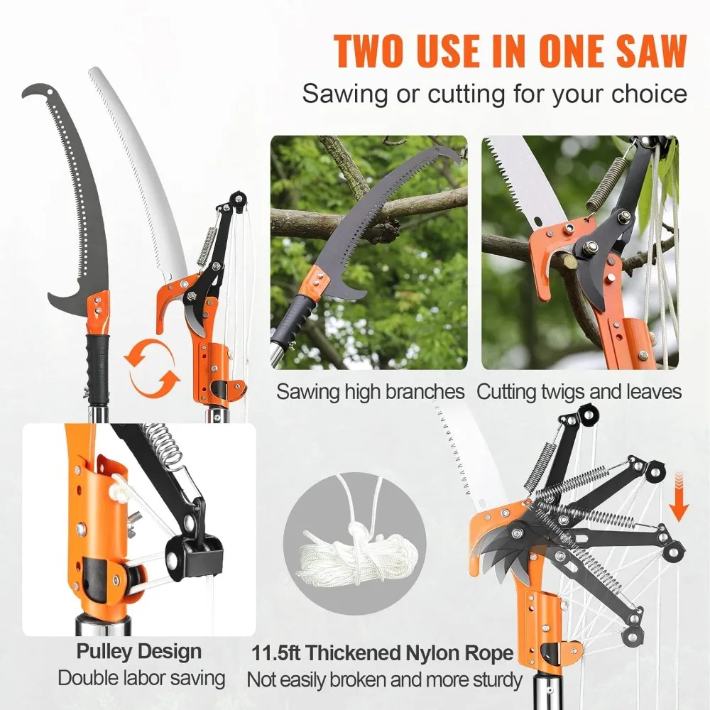 Manual Pole Saw, 7.3-27 ft Extendable, Sharp Steel Blade and Scissors, Branch Trimmer with Lightweight 8 Fiberglass Handles