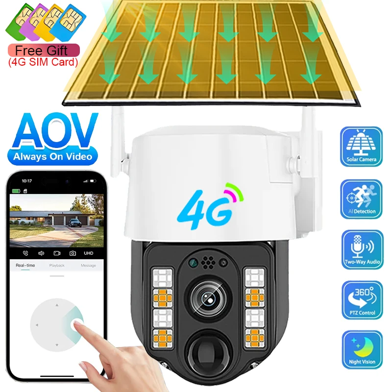 

4G Solar Camera With SIM Card 5MP Outdoor 24 Hours Recording AOV Video Monitor Security Protection Home Surveillance V380 CCTV