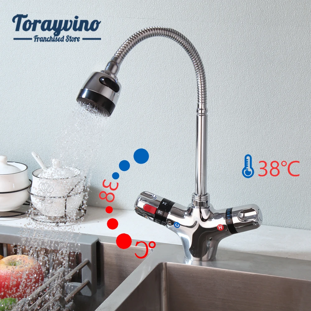 

Torayvino Kitchen Sink Thermostatic Faucet Deck Mounted Dual Handle Control Stainless Steel Stream & Rainfall Water Mixer Taps