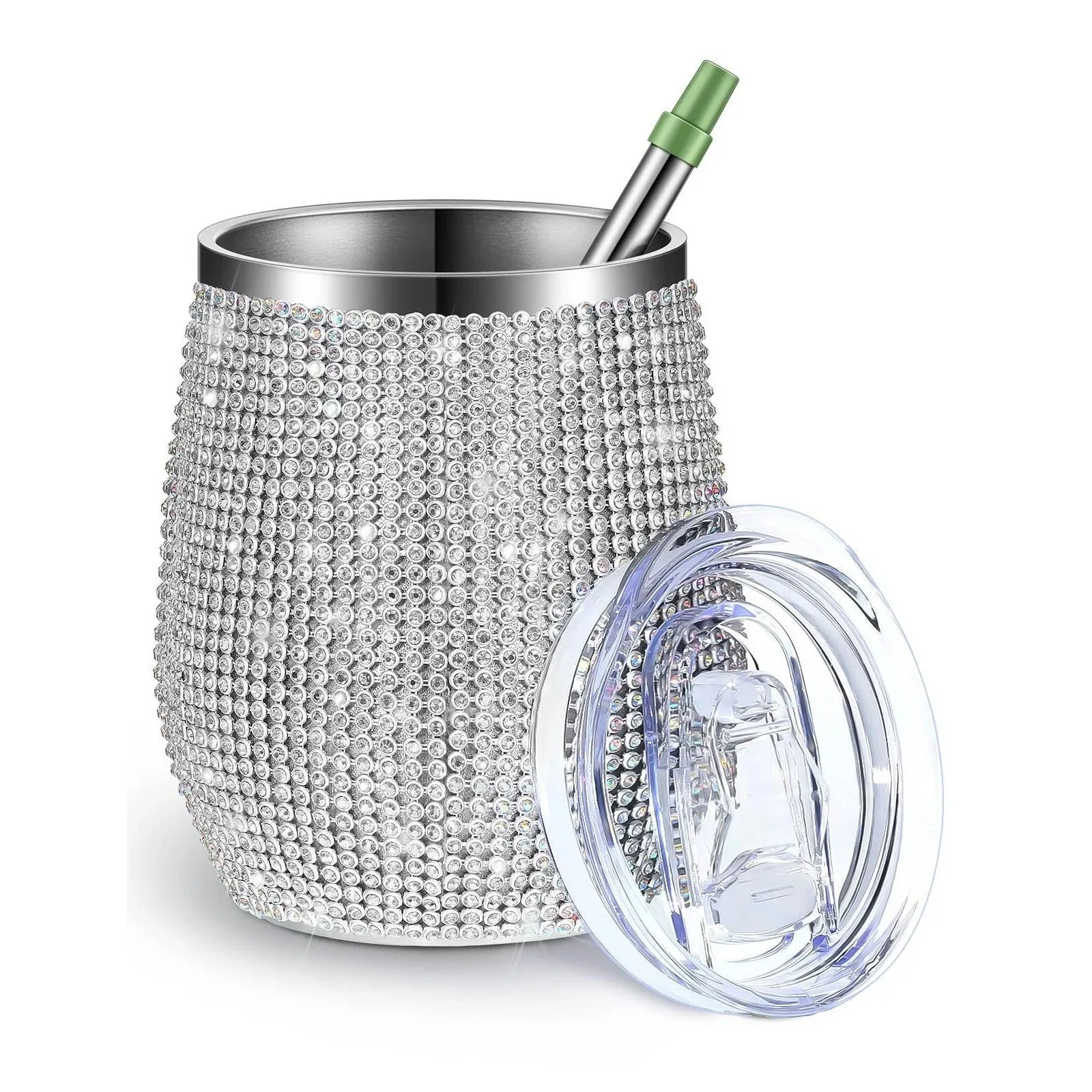 كأس بهلوان حجر الراين اللامع 20 أونصة؛ زجاجة مياه كريستالية ماسية لكوكتيلات النبيذ؛ الفولاذ المقاوم للصدأ اللامع مع غطاء