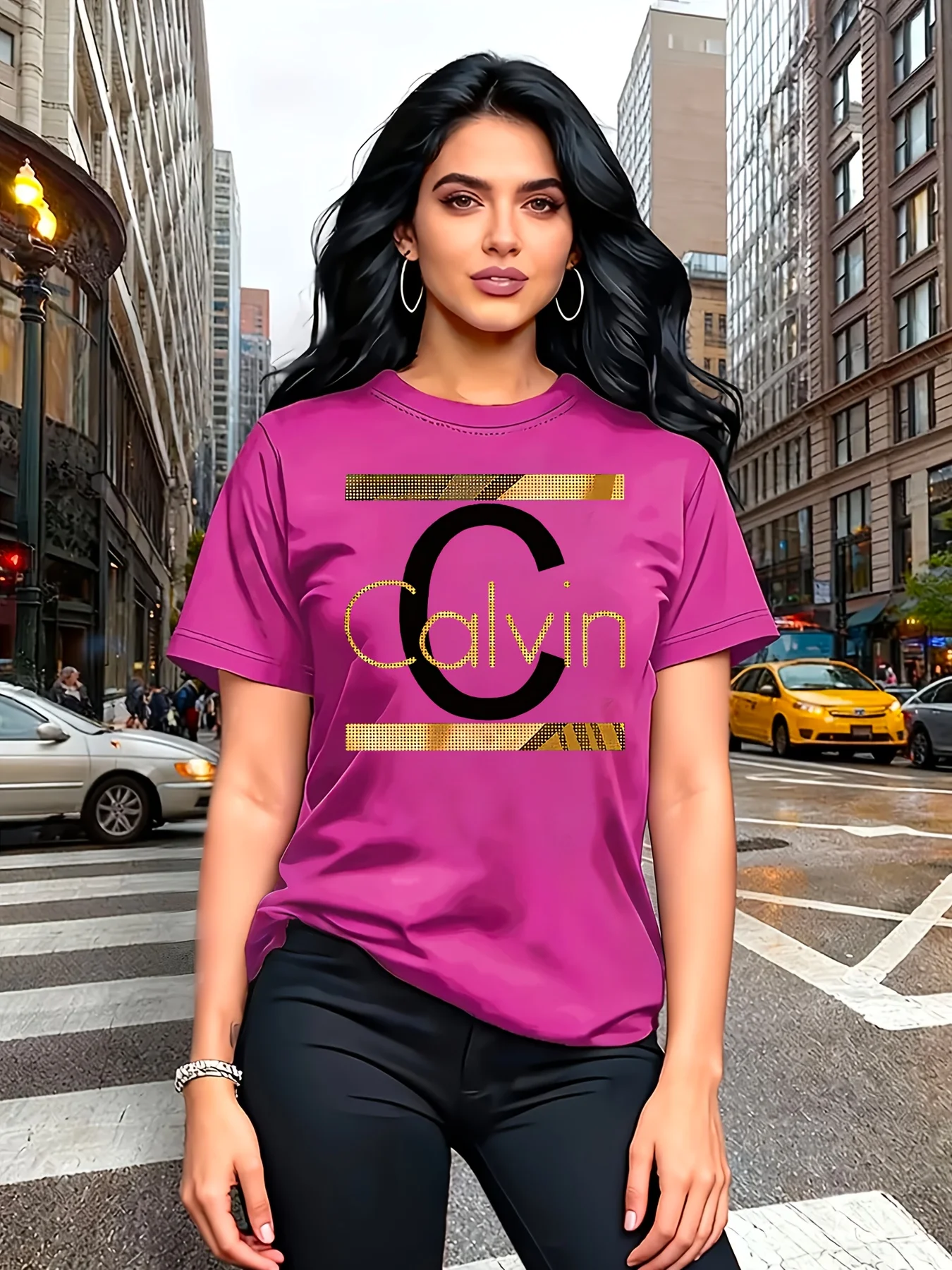 Calvin Letter Print Women's Tee - Gold Graphic Green Casual Top image 4