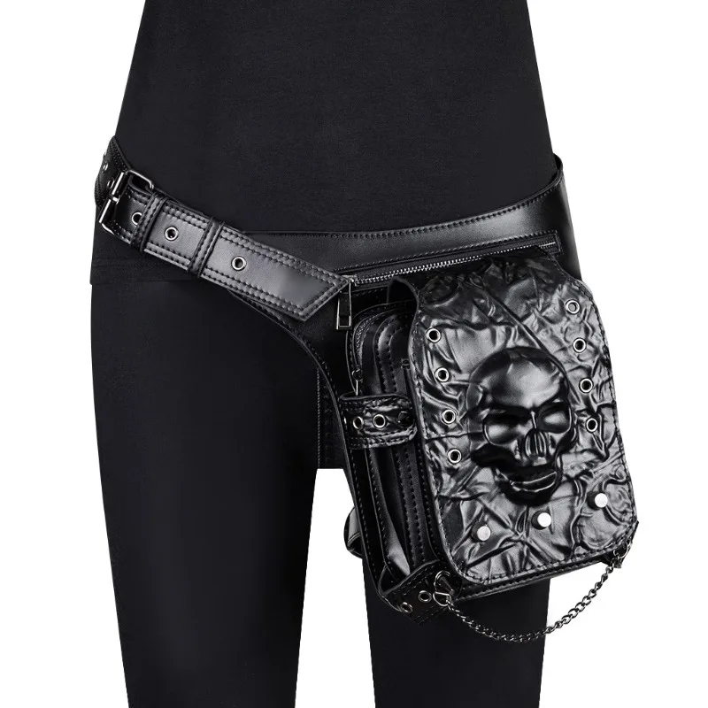 

Motorcycle Skull Thigh Bag,Gothic Punk PU Leather Waist & Leg Bag with Chain & Rivets, Multi-purpose Riding Fanny Pack for Biker