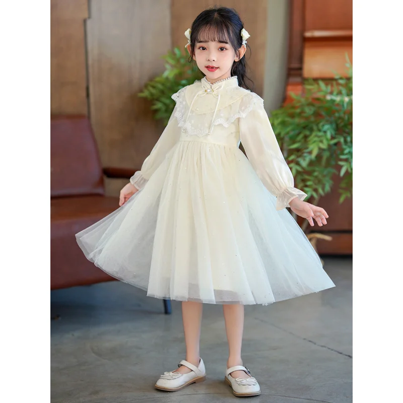 

Girls' Spring and Autumn New Style Lace Cloud Shoulder Chinese Style Long Sleeve Princess Dress