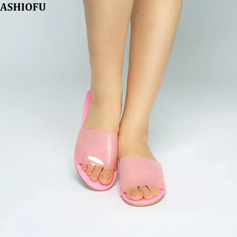 ASHIOFU Real Photos Handmade Ladies Low-heel Sandals PVC Leather Sexy Home Beach Easy Slipper Shoes Fashion Summer Sandals Shoes