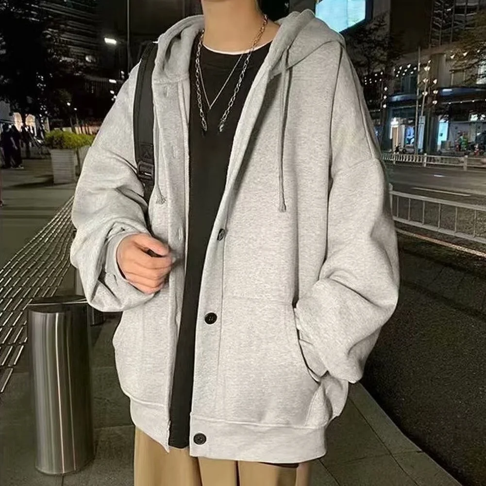 Men's Polyester Hooded Casual Jacket Solid Color Loose Fit Long Sleeve Sportswear Coat with Front Pockets M to 4XL