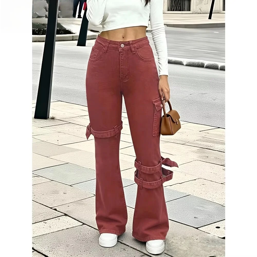 Carmine new color multi-strap design sense denim trousers, elastic slim and versatile denim overalls.