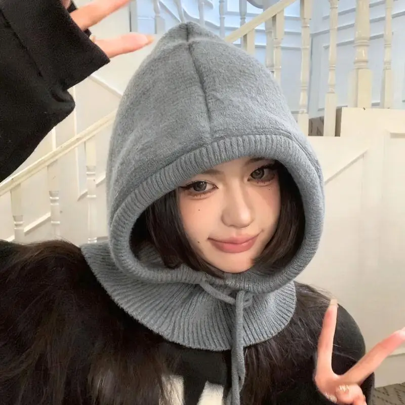 

ГОРЯЧАЯ женская зимняя цельная шапка-бини, вязаная Балаклава, теплый шарф с капюшоном, уличная шапка с завязками для защиты ушей, шапка