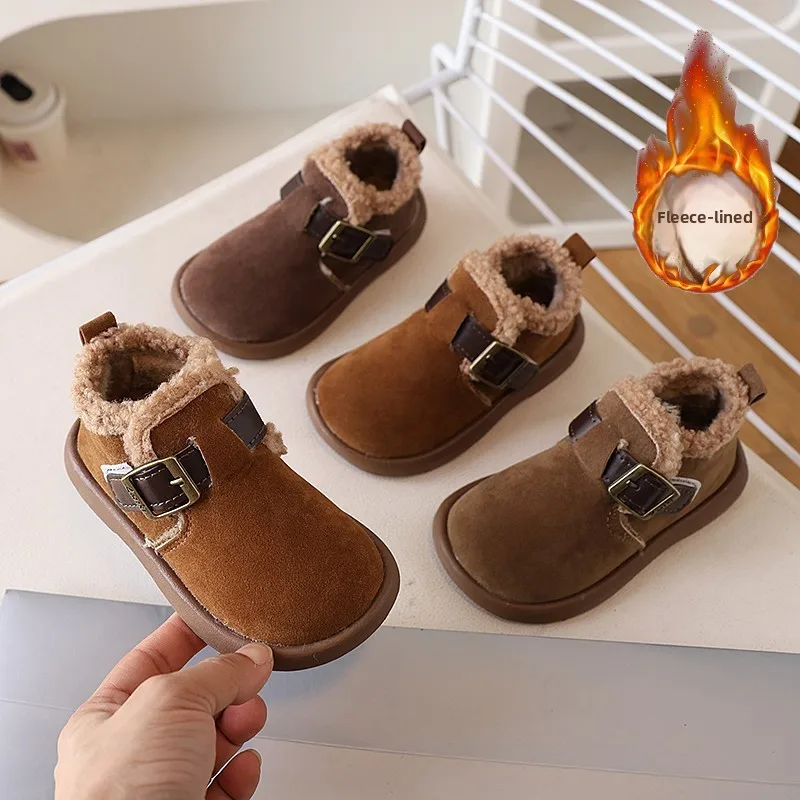 2026 Winter New Children's Thick Soled Non Slip Casual Cotton Boots with Fashionable Buckle and Comfortable Boots