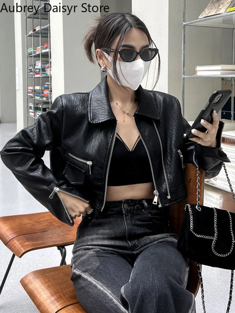 Punk Black Leather Jacket Women High Street Cropped Biker Zipper Leather Jacket Streetwear Casual Designer Thin Winter Coat 2023