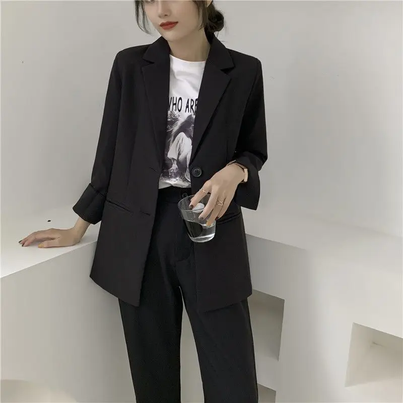 Women Blazer Denim Pants 1 or 2 Piece Set 2023 Spring Autumn Korean Lady Casual Loose Black Suit Coats High Waist Jeans Outfits