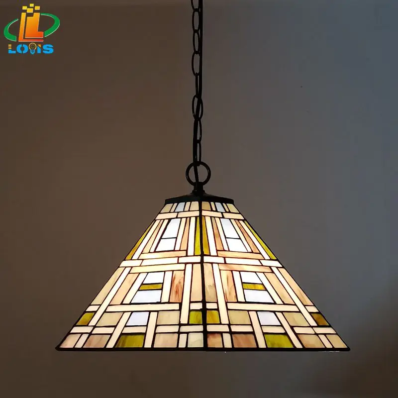 40CM Six Sided Square Glass Chandelier Tiffany Style Nordic Restaurant Bar Antique Decorative Lighting E27 Mediterranean Kitchen