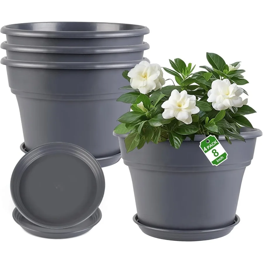 

8inchPlantPotsIndoorOutdoor 4 Pack Plastic Planters with Drainage Holes Saucers Resin Flower Pots with Trays Classic Garden Pot