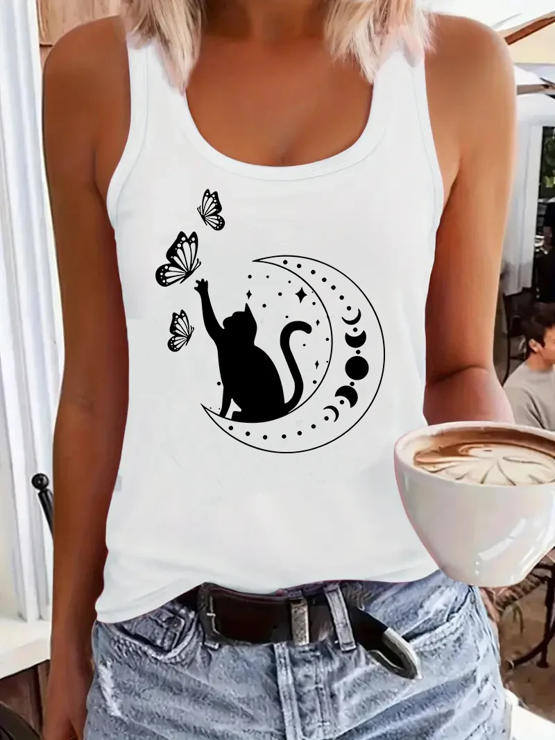 Funny Moon Cat with Butterfly 90s Print  T-shirt Vest Graphic Tank Top Women’s Sleeveless Crew Neck Casual Top for Summer Spring