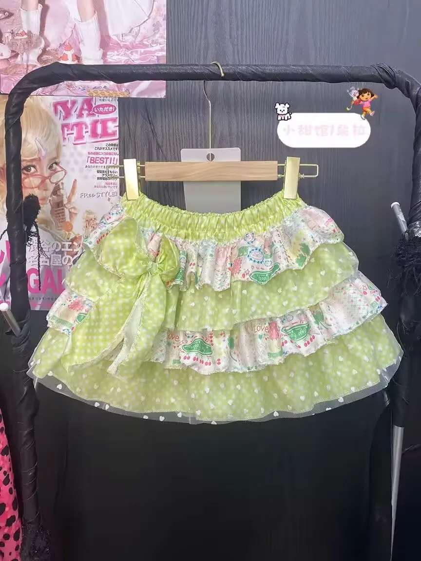 Japanese Lolita Style Mini Skirt Women Sweet Cute Kawaii Print Ruffles Bow Cake Skirt Girls High Waist Y2k Skirts Faldas Mujer