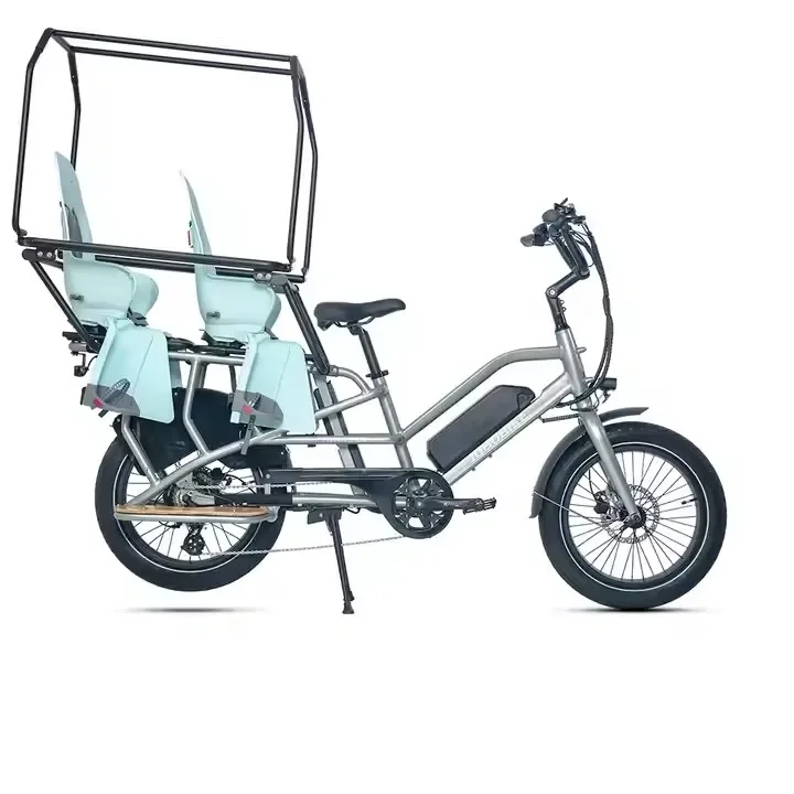 JOBOBIKE Step Through 2 Seat Long Tail Cargo Electric City Bike with Canopy Frame and Cloth For Family