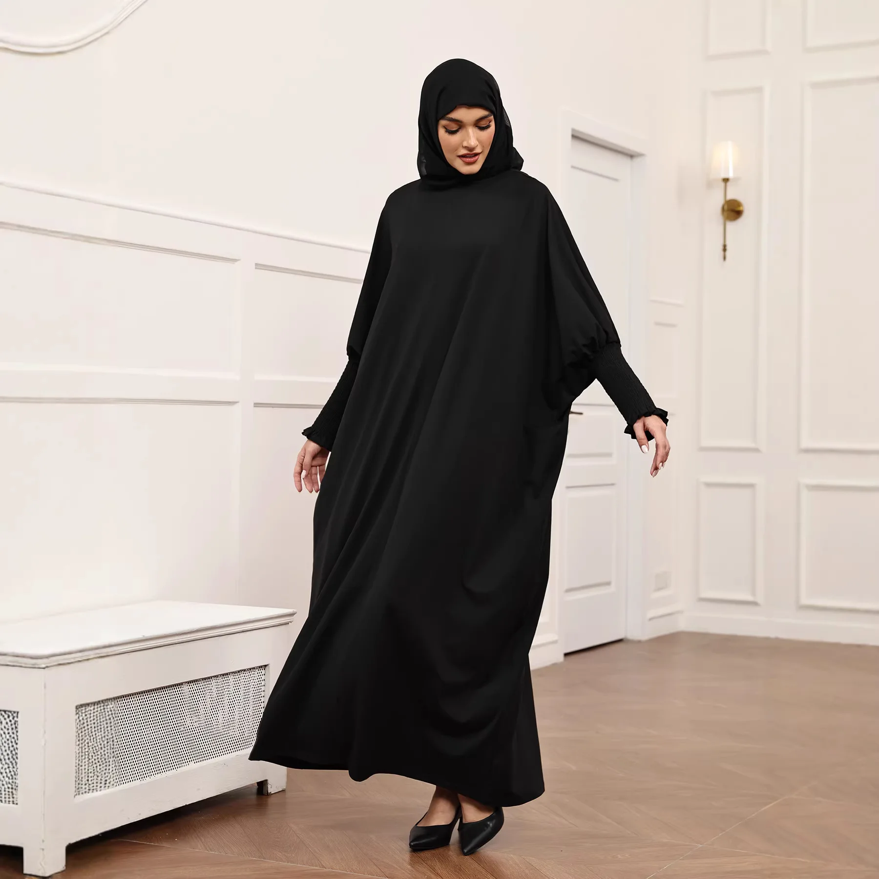 عباءة سوداء للنساء المسلمات موديل 2026، فستان حجاب لرمضان، عباءة دبي وتركيا، قفطان فضفاض بأكمام خفاشية، جلابية عربية