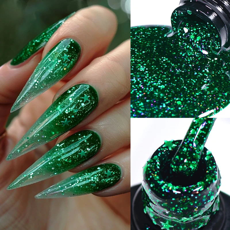 MEET ACROSS 7ml Pine Green Glitter Nail Gel Polish Semi Permanent Long Lasting Gel Nail Supplies DIY Nail Art Soak Off Varnish