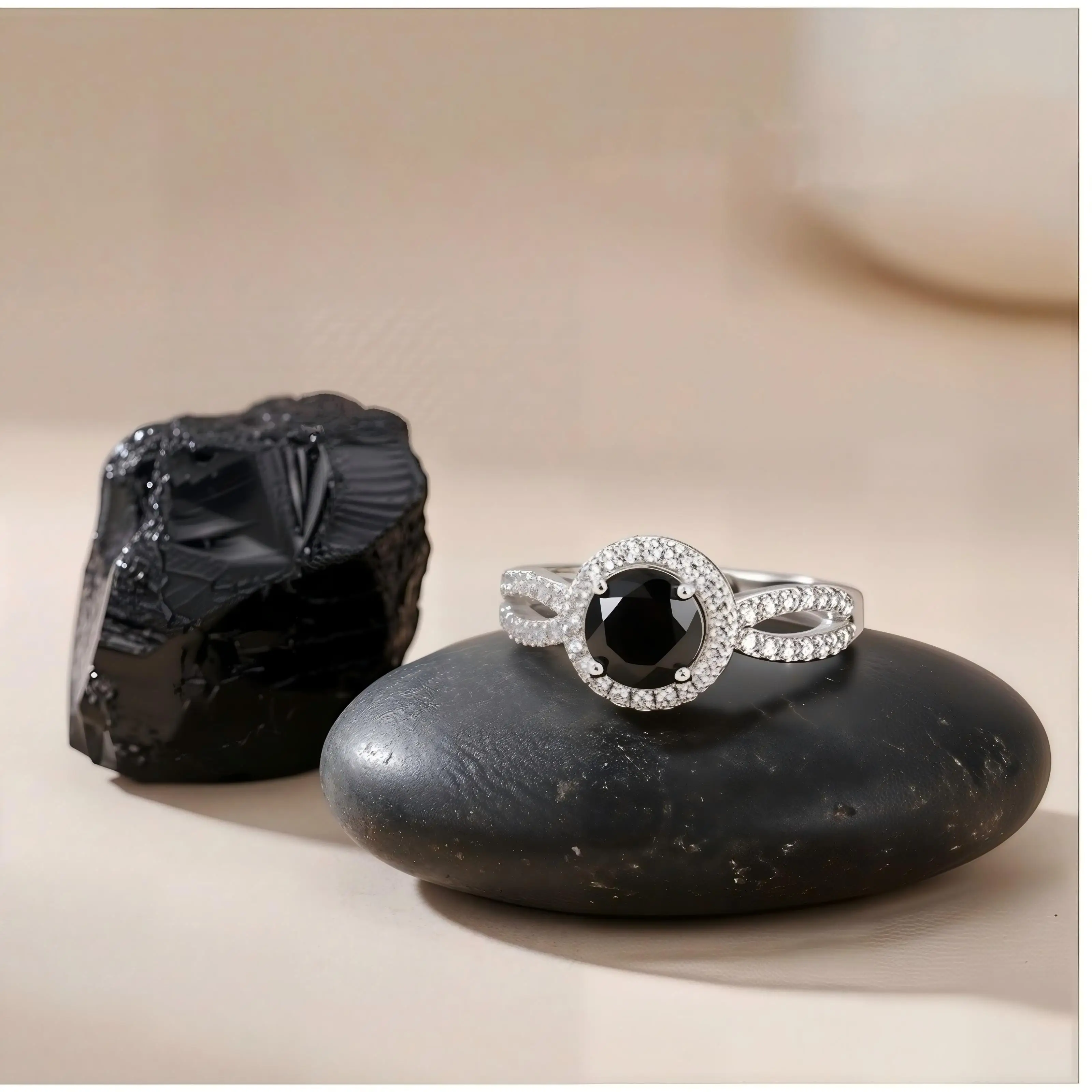 

Natural Black Spinel Protection Stone 6.5mm Round S925 Silver Halo Ring Adjustable Band Elegant Bohemian Statement Jewelry Birth