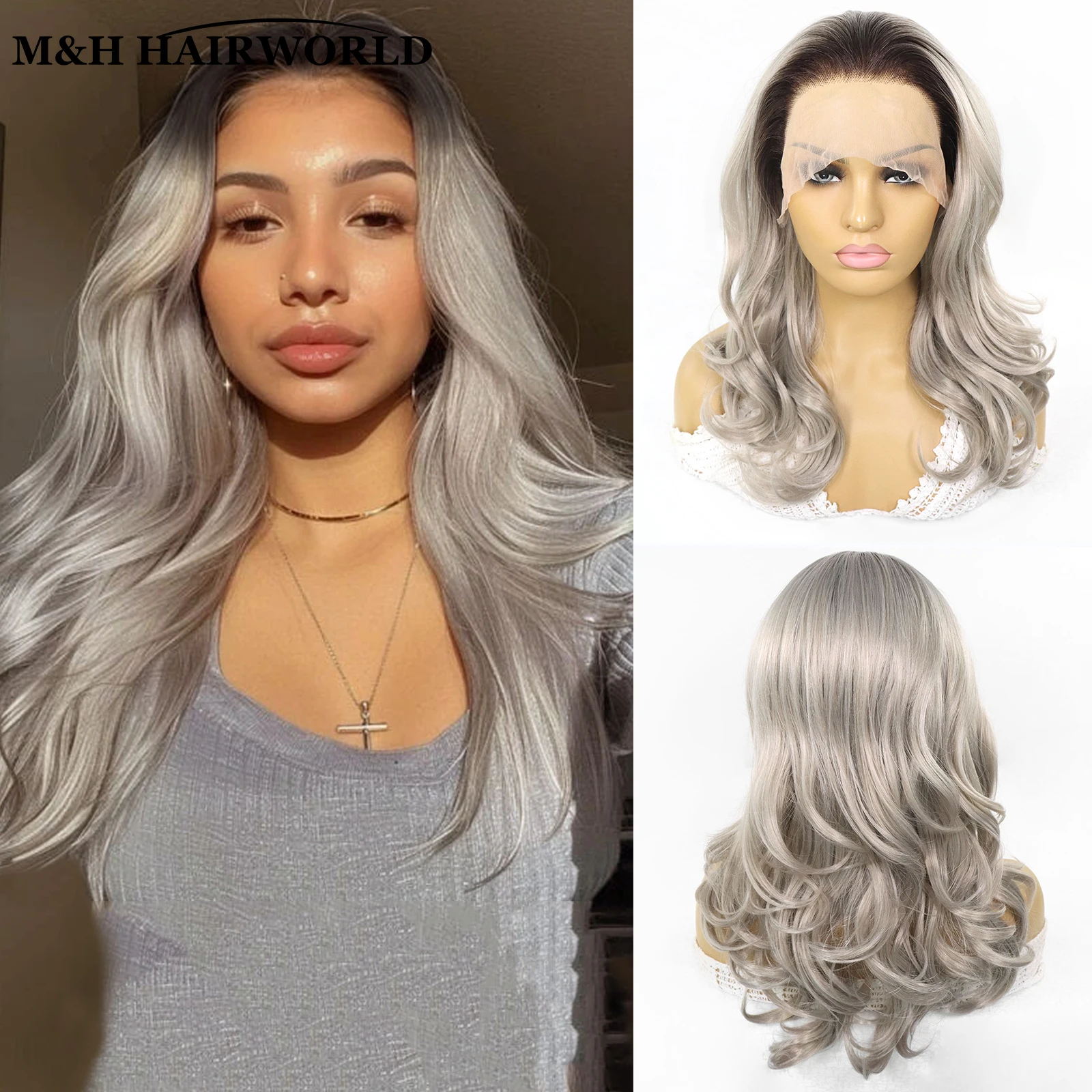 

Ombre Gray Colored 13x3 Lace Front Wigs for Women Dark Brown Roots Cosplay Long Natural Wavy Synthetic Hair Lace Frontal Wigs