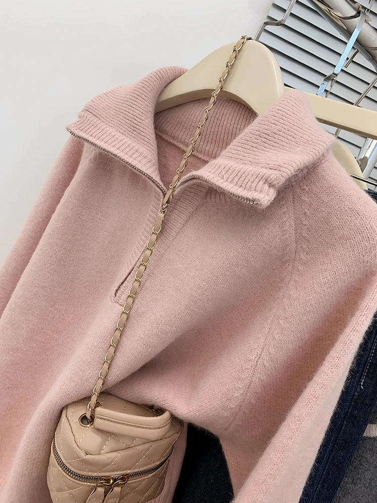 2024 Autumn Winter Fashion Half Zip Knitted Sweater Lazy Style Women Long Sleeve Solid Color Knitted Tops Casual Loose Sweater