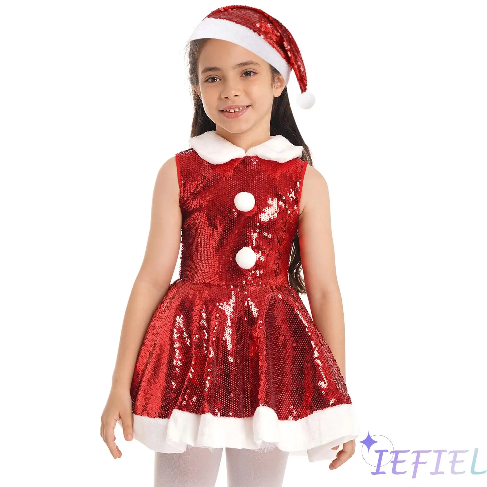 

Kids Girls Christmas Costume Sleeveless Sequins Dress with Hat Set Dance Tutus Performance Outfits Xmas Party Princess Dress