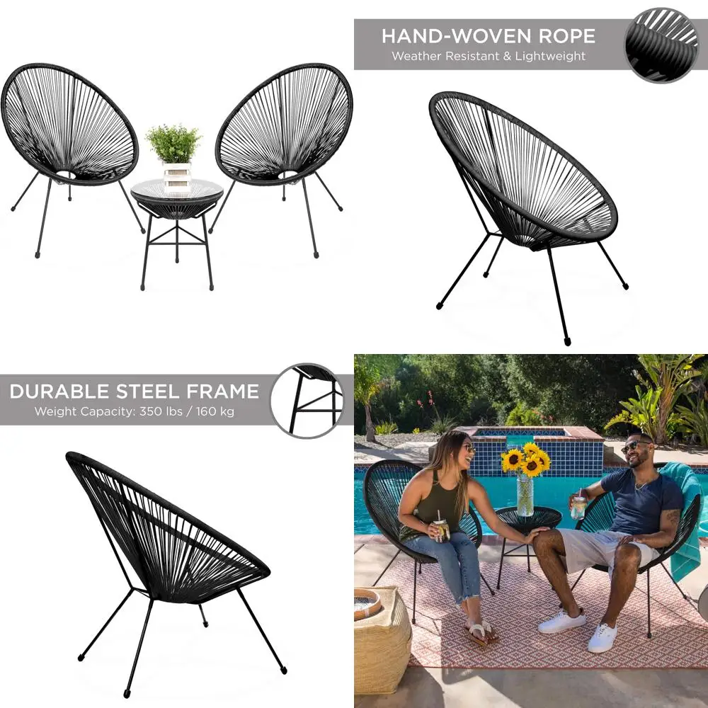 طقم بيسترو للفناء الخارجي مناسب لجميع الأحوال الجوية مع حبل بلاستيكي وطاولة زجاجية وكرسيين لمنطقة المحادثة