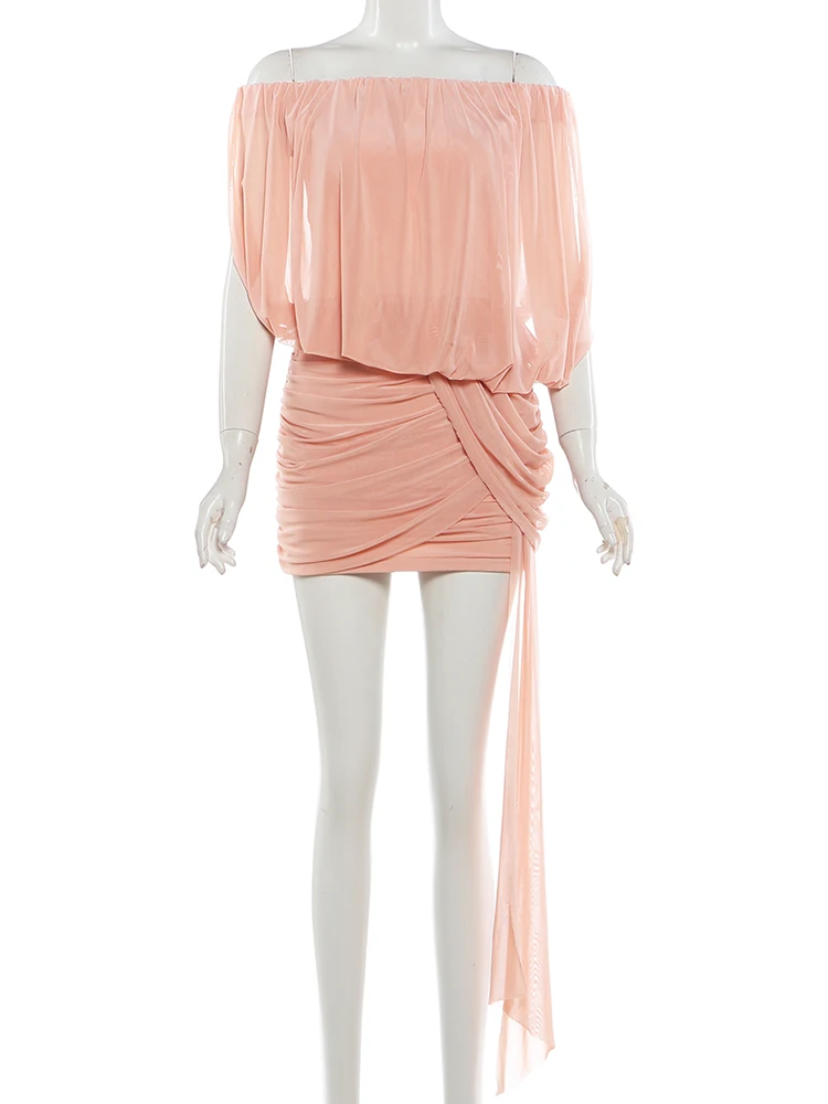 Sisterlinda Folds Tassel Slash Neck Dress Damen Mesh Solid Sweet Elegant Summer Trend Vacation Prom Party Classic Mini Bodycon – Detail 4