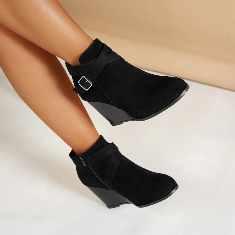 Black Wedge Heel Modern Boots Suede Side Zip Ankle Boots Women Winter Boot Buckle Shoes Botas Mujer Botines Big Size High Heels