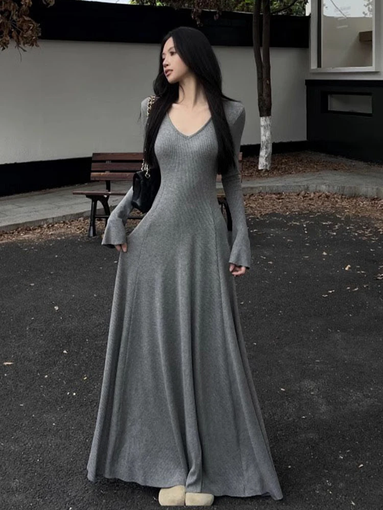 Bla V-Ne Long Sve Gebreid Dr Dames Herfst Winter Slim Fit Innerlijk Lang Dr Koreaanse Sle Hoge taille Polyestervezel