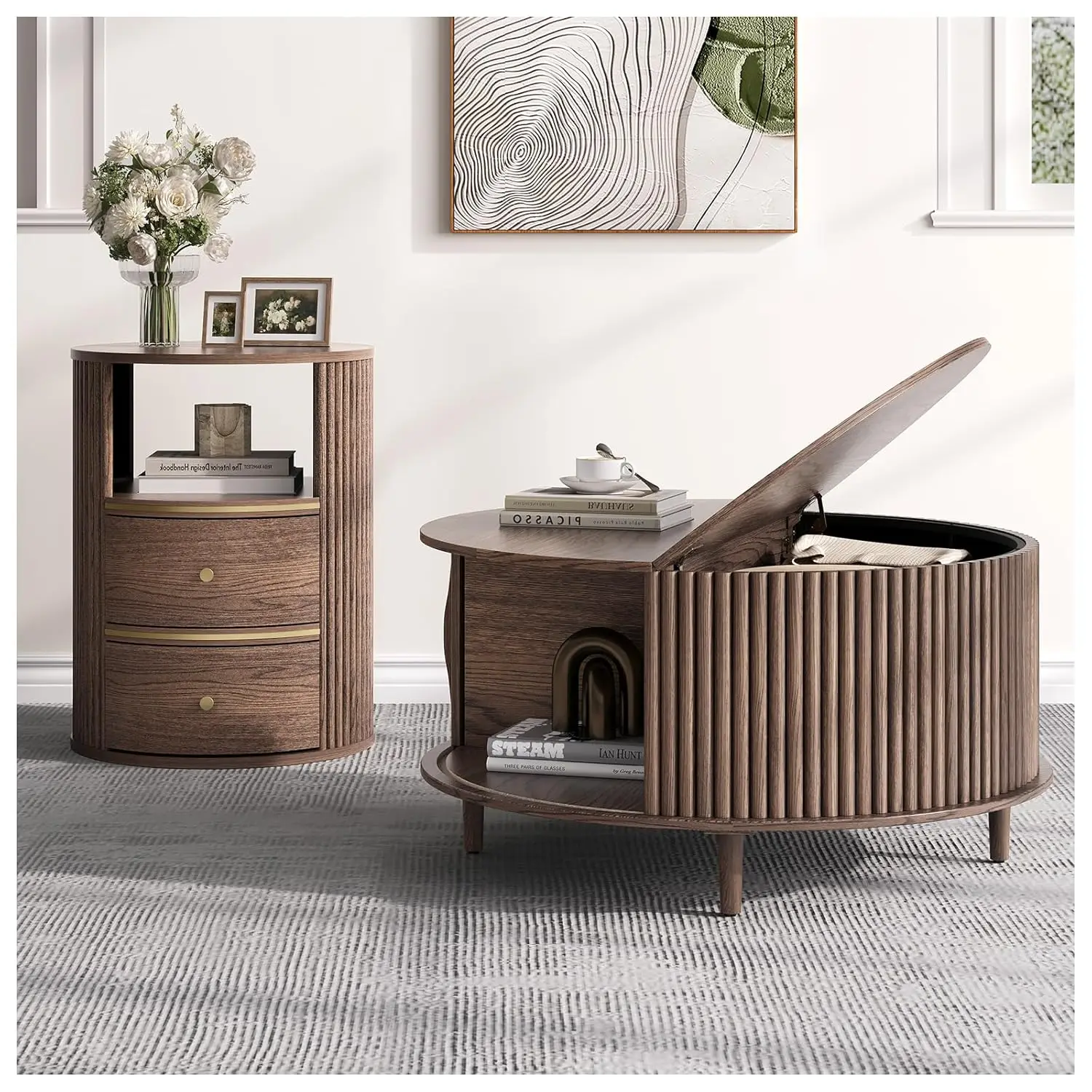 

Комплект кофейных столиков из орехового дерева с рифленой отделкой, 31,5 дюйма, с местом для хранения, для небольшой гостиной, на заказ