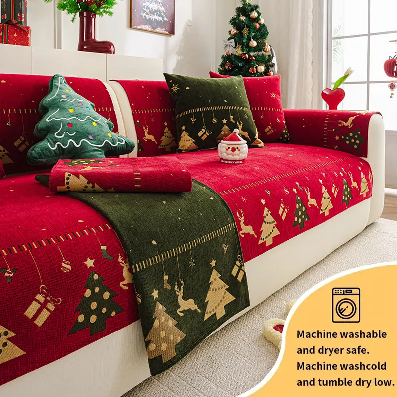 1PC-Red festive Christmas tree sofa cushion, Snow Neil anti slip all season universal sofa cushion