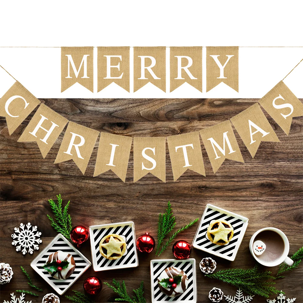 

Happy Birthday Stickers Pull Flag Christmas Banner Linen Hanging Merry Letter Burlap