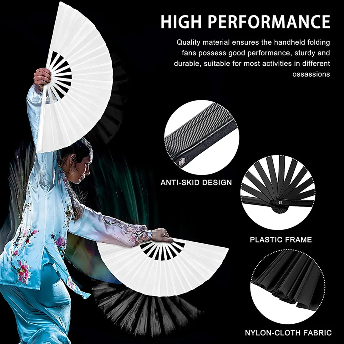 4 Pcs Large Folding Fan Silk Hand Fan Chinese Japanese Kung Fu Tai Chi Handheld Fan Folding Dancing Prop Craft Fan(A)