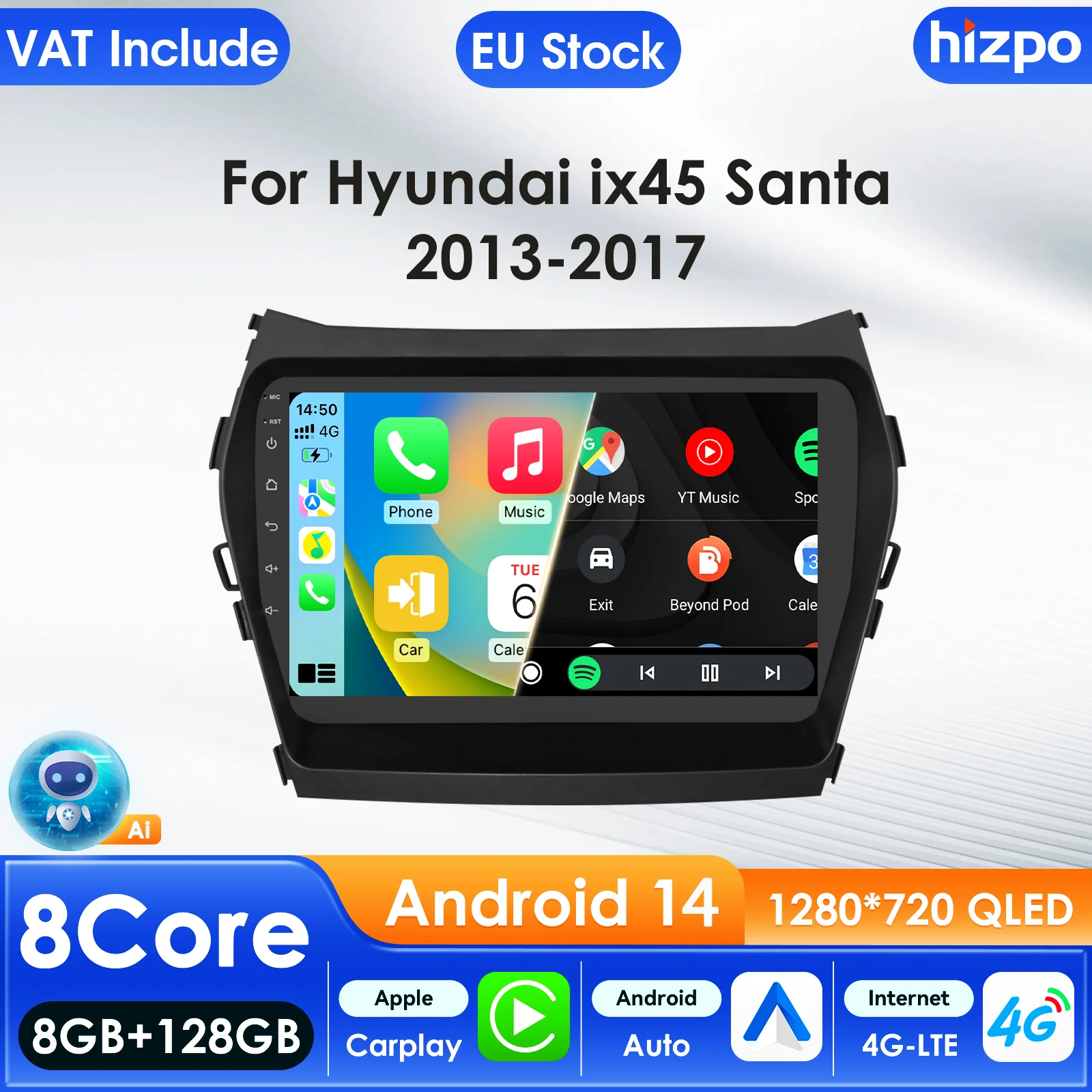Autoradio Hizpo pour Hyundai Santa Fe 3 2013 - 2017 IX45, lecteur multimédia audio, CarPlay, Android Auto, GPS, WIFI, FM, RDS, écran intelligent de 9 pouces, affichage QLED, unité principale automobile, navigation, WIFI 5G, DSP, ADAS, USB, DVR, SWC, FM, AM, RDS, caméra