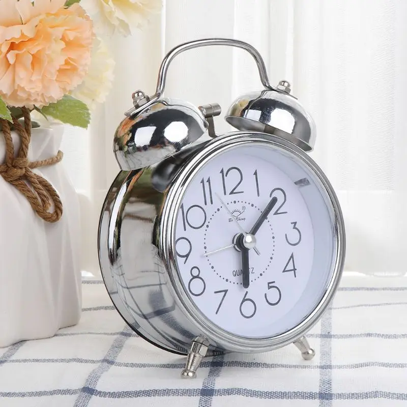 Reloj despertador mecánico escritorio Retro, luz doble campana, mesita noche, Metal silencioso