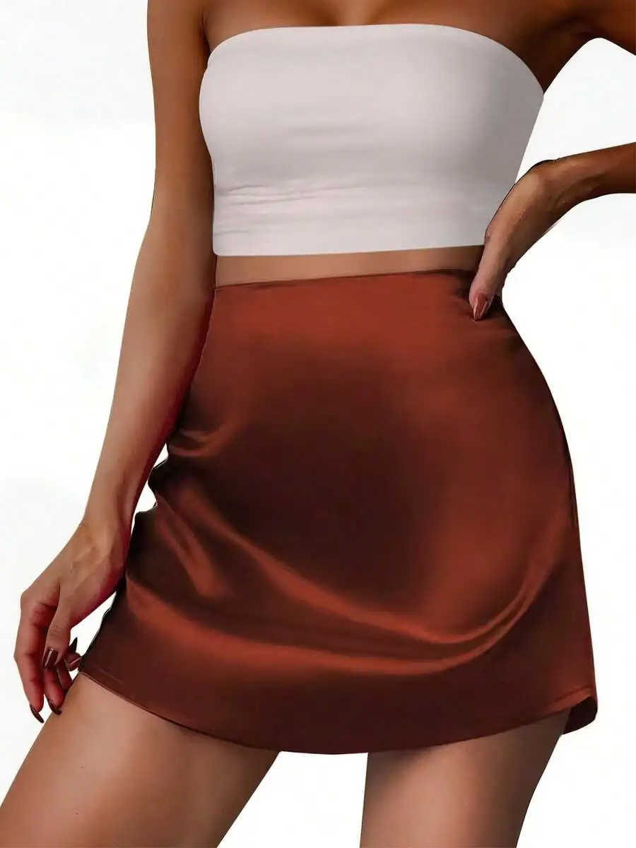 

Womens Satin High Waist Side Zipper Mini Skirt Flared A-Line Short Skirt