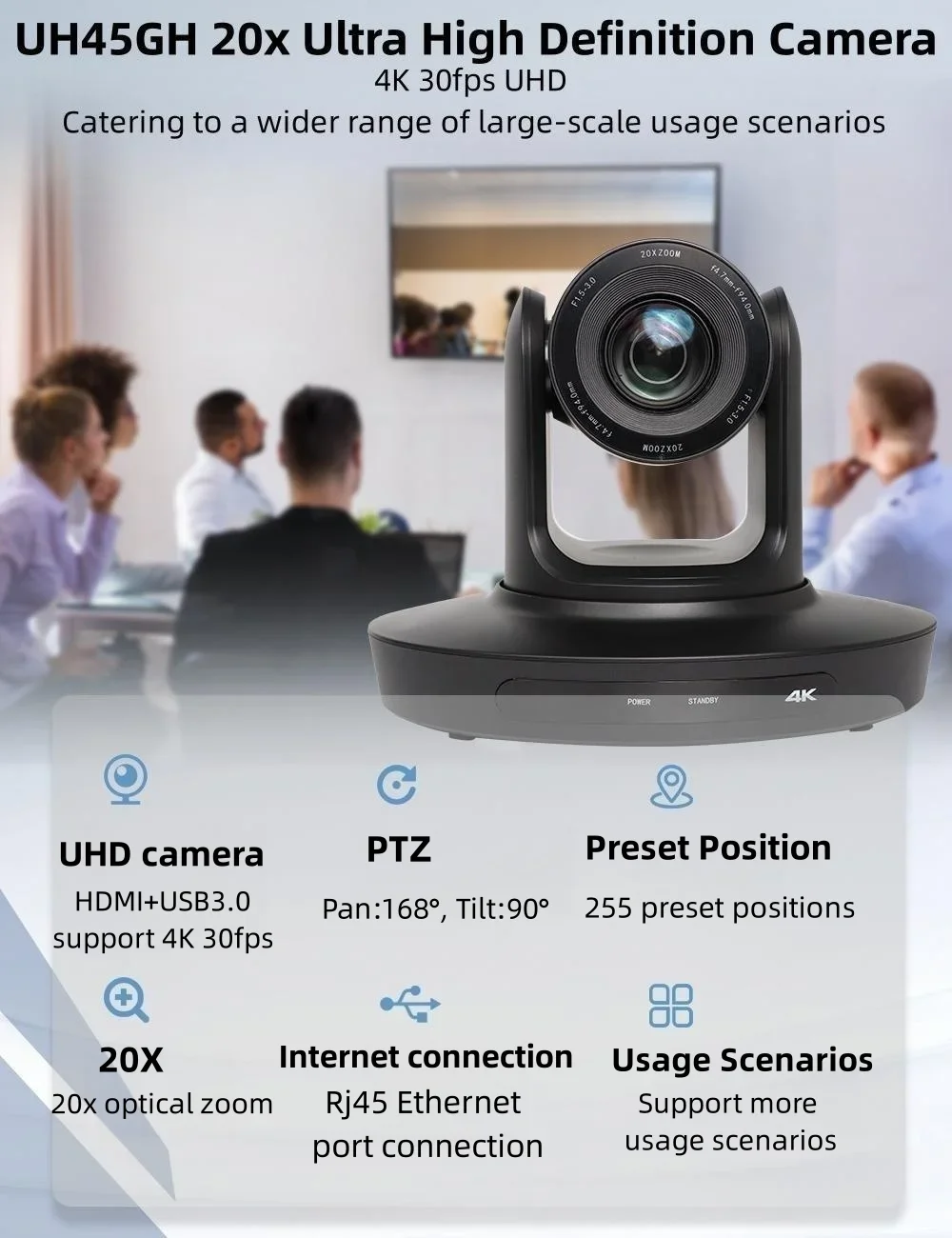 

2025 20x 4k Ultra High Definition Larger Scene Recording Camera Ultra-silent Ptz Flexible Horizontal Rotation Webcam
