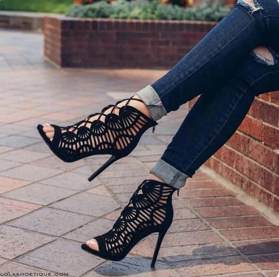 

Plus Size Women Sexy Black Stiletto Thin High Heels Sandals Women Summer Lace-up Jazz Dance Party Shoes Dress Hollow Out Sandals